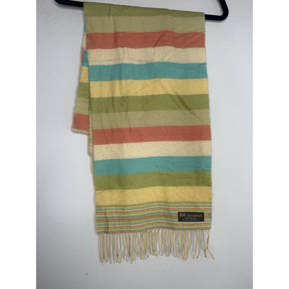 Vintage 100% Cashmere Scarf Made in Germany Pink Blue Yellow Cream Striped